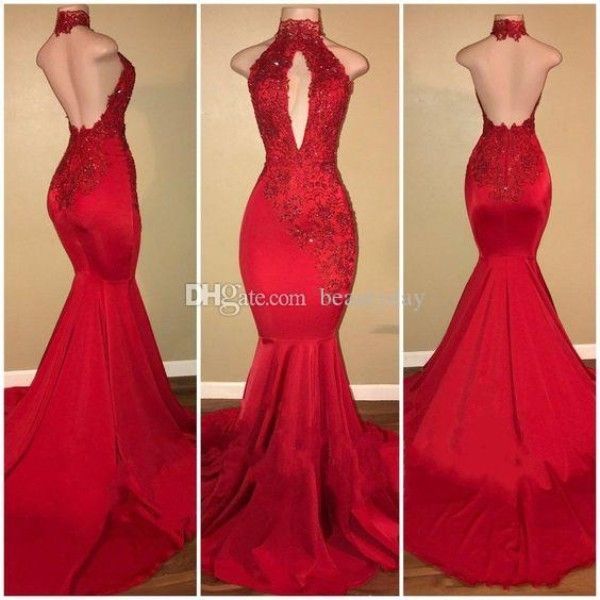 

2019 mermaid evening dresses with high neck keyhole red appliqued plus size celebrity backless women formal prom party gowns, White;black
