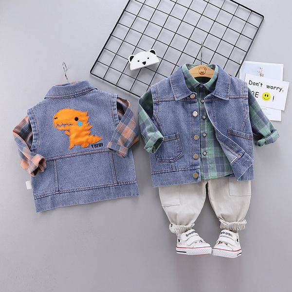 

autumn fashion children's cotton dinosaur denim vest plaid + jeans 3-piece suit kids clothes baby boy outfit jacket kg-601, Pink;blue