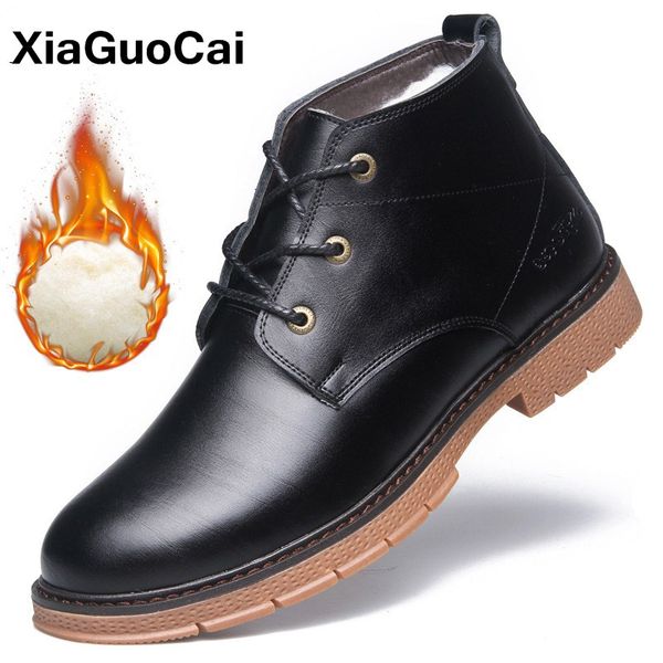 

winter men shoes warm ankle boots with fur high mans footwear plush snow boot male genuine leather martin botas high quality, Black