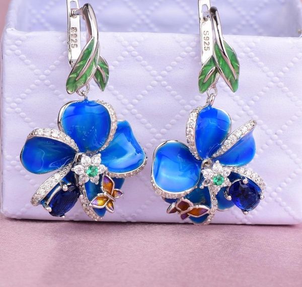 

rainmarch blue enamel flower silver earrings for women engagement 925 sterling silver earring handmade wedding party jewelry002, Golden;silver