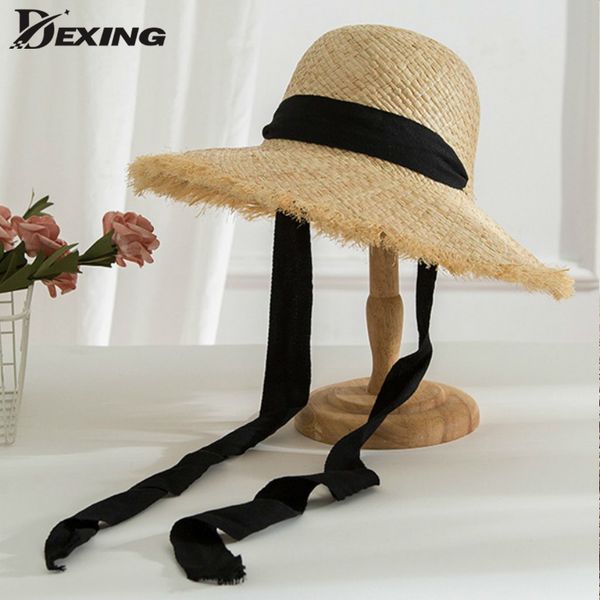 

ladies handmade straw hat women black white wide brim beach hat with stylish lace long sun for women, Blue;gray