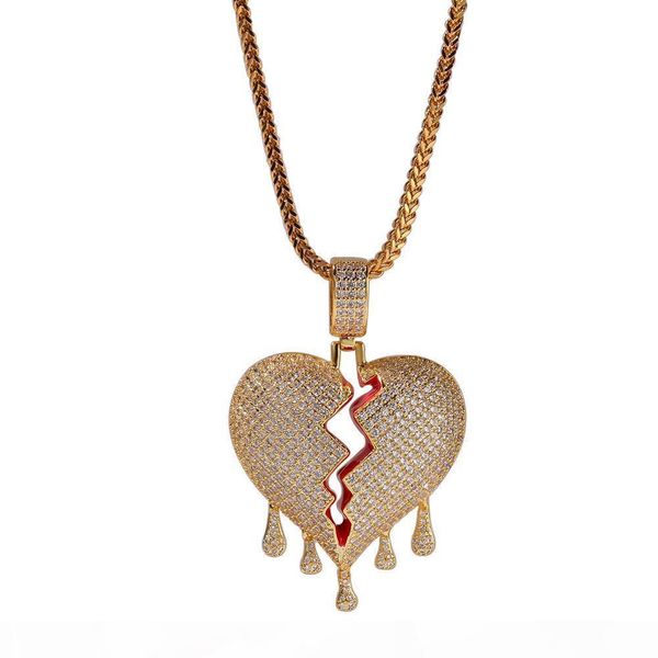 

broken heart pendant necklaces full rhinestone shining boys rock rapper necklace tennis chain mens hip hop jewelry for gift sale, Silver