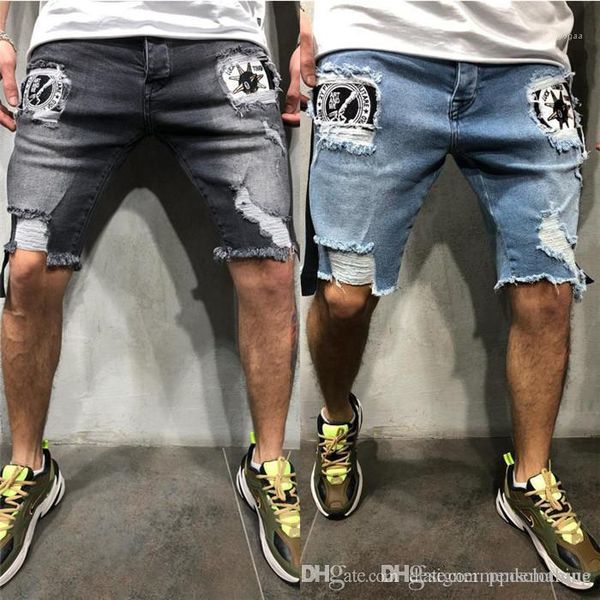 

mens fashion jeans trousers summer washed mens short jeans blue designer badge holes ribbon jean pants, White;black