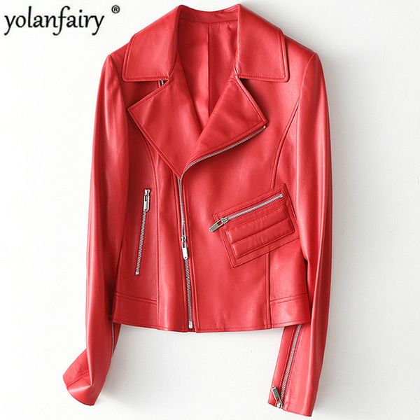 

genuine leather jacket women short motorstyle leather jacket women sheepskin coat spring chaqueta cuero mujer hq20-cjx1001a, Black