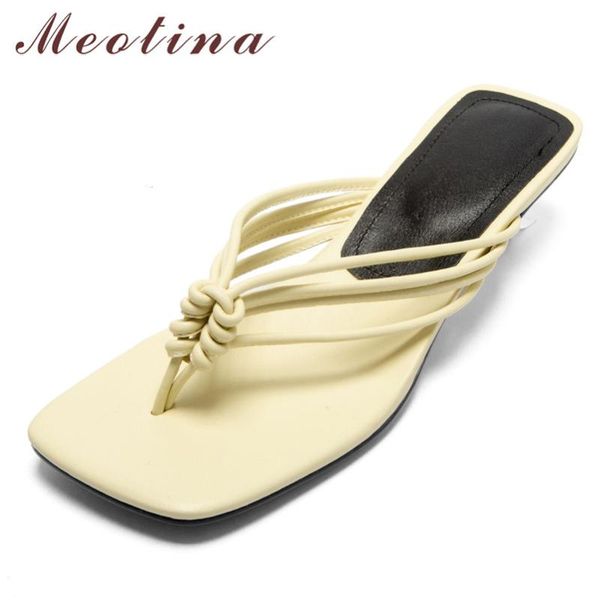 

meotina narrow band real leather low heel slippers flip flops women shoes square toe thin heel slides summer sandals lady brown, Black