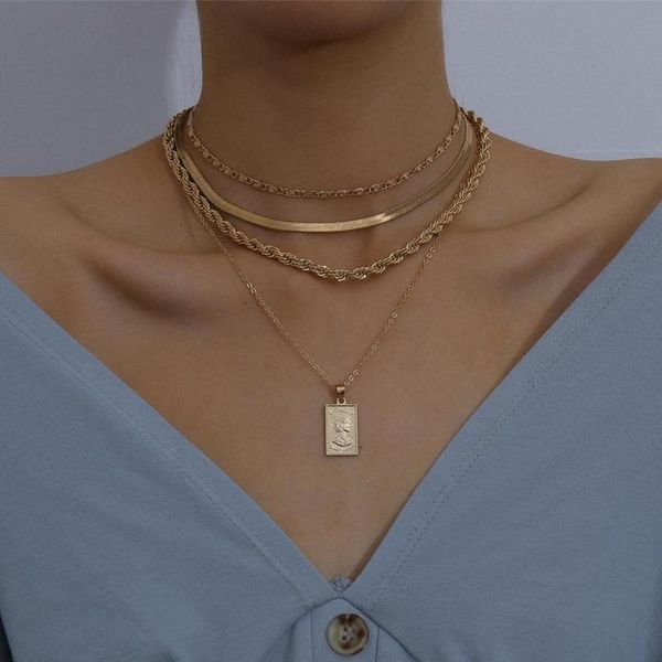 

lacteo 4pcs/set vintage virgin mary square carved coin pendant necklace punk multi layered snake twist chain choker necklace, Silver