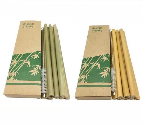 

12pcs natural biodegradable reusable bamboo drinking straws eco-friendly sustainable bamboo straws with cleaning brush green and yellow