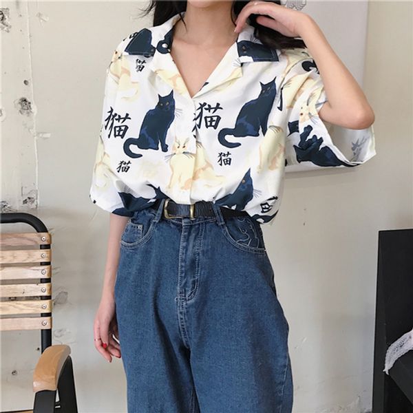 

chinese letter cat printed casual loose turn down collar 2020 button line female women short sleeve holiday shirts, White