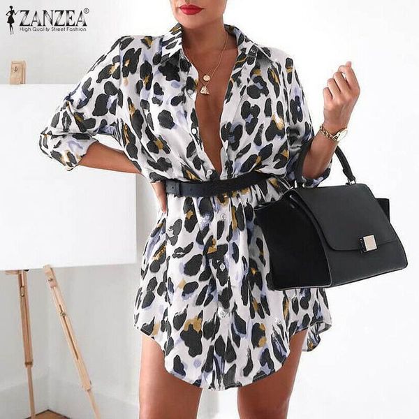 

fashion leopard shirt dress women's printed sundress zanzea 2020 casual long sleeve female button vestidos plus size robe 5, Black;gray