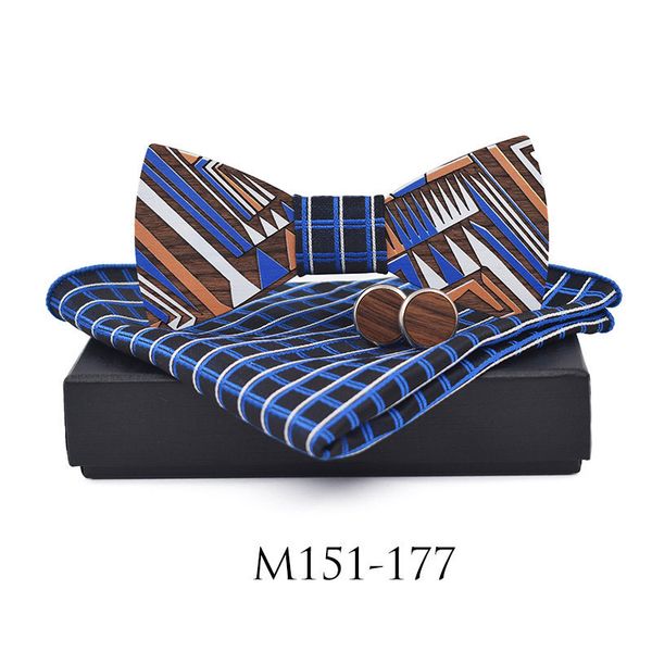 

wooden bow ties blue white plaid hanky cufflinks set for man suit accessories wood bowtie set holiday luxury gifts, Blue;purple