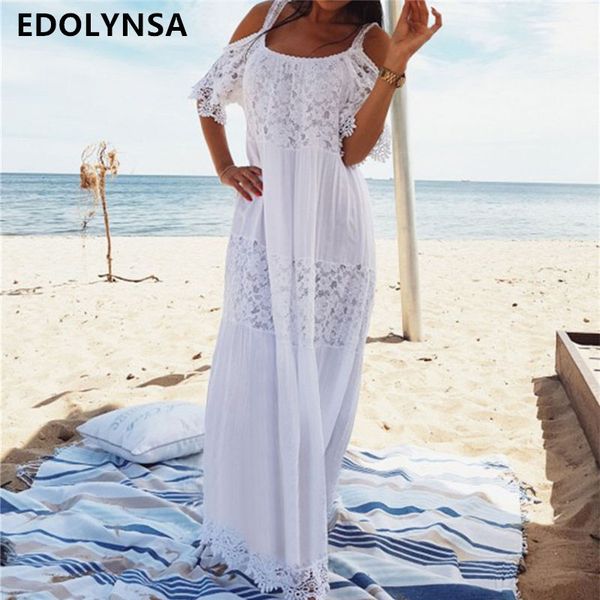 

2020 strap cold shoulder white lace tunic beach dress elegant short sleeve patchwork women beachwear summer maxi dress n689, Black;gray