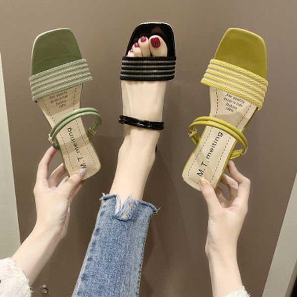 

spring/summer 2020 new breathable stripe hollow two wear slippers shallow mouth square head with korean women's shoes, Black