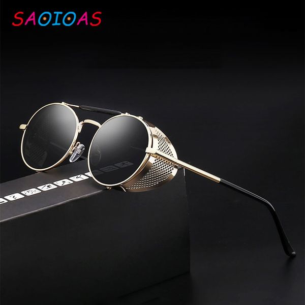 

saoioas retro steampunk sunglasses round designer steam punk metal shields sunglasses men women uv400 gafas de sol with case, White;black