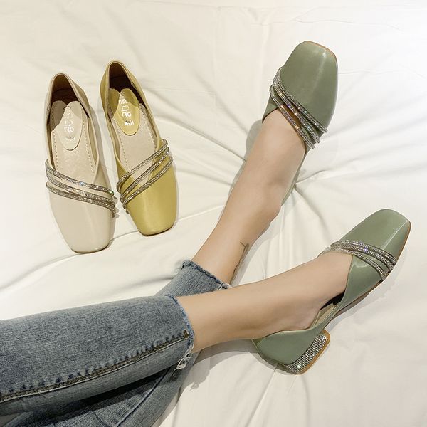 

2020 spring and autumn rhinestone square head low-heeled shoes women's fashion shallow mouth soft sole shoes z777, Black