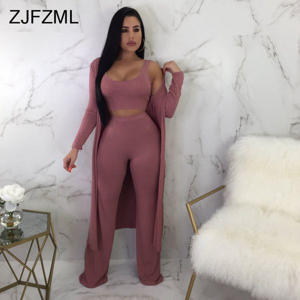 

zjfzml autumn winter 3 piece set women o neck tank crop long wide leg pant+full sleeve long cardigan casual three piece sets, Gray