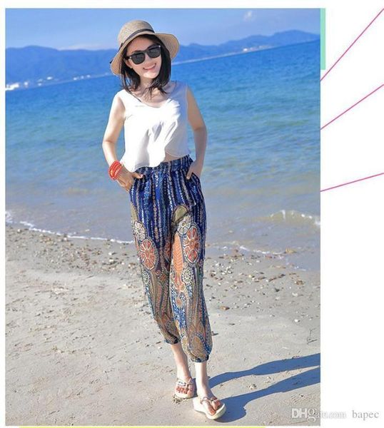 

wide leg pants fashion female loose holidays beach high waist capris casual chiffon apparel summer digital printed, White