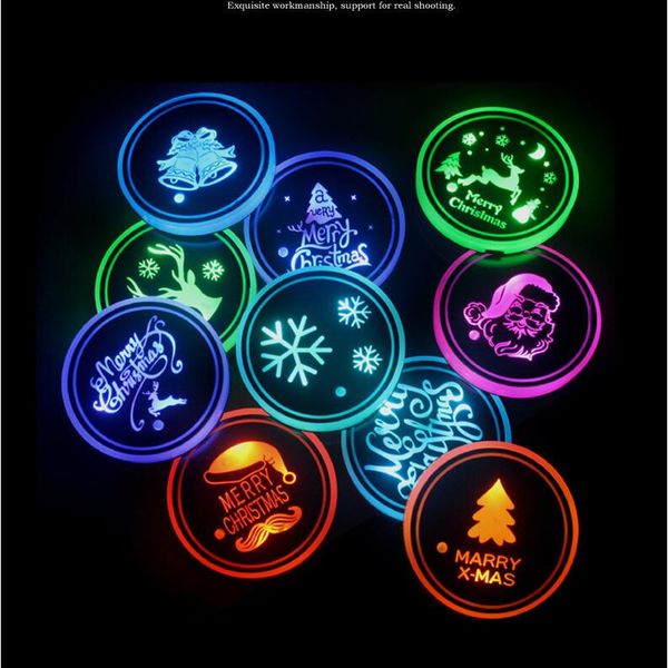 

7 colors christmas series led cup holder mats bottle coasters santa claus snowflake atmosphere light pads auto accessories