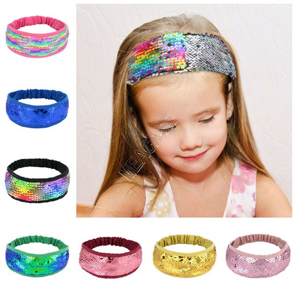 

baby girls mermaid sequin headband women kids sequined snood sweat band double shinny flip sequin paillette hairlace turban headwrap d82709, Slivery;white