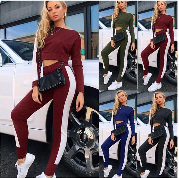 

casual ladies two piece suit sport designer female apparel two piece pants womens panelled fashion set crew neck, White