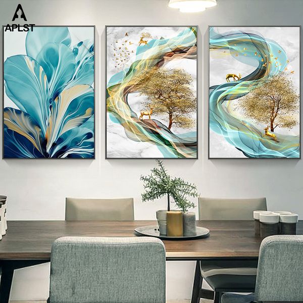 

nordic abstract landscape prints canvas painting deer animal wall art pictures green plants leaf posters for living room