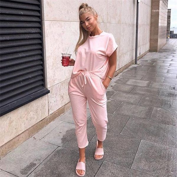 

up trousers famale designer sport suit women short sleeve tracksuit summer loose solid color crew neck tshirt lace, Gray