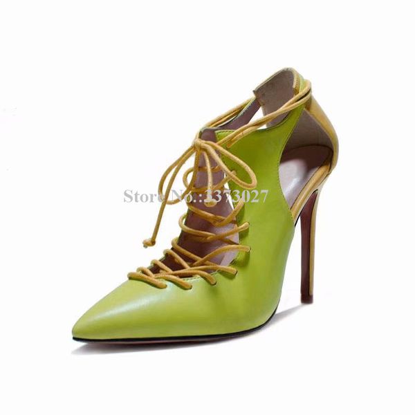 

new green leather lace-up woman pumps shoes fashion design mixed color pointed toe stiletto heel sandals shoes lady dress, Black