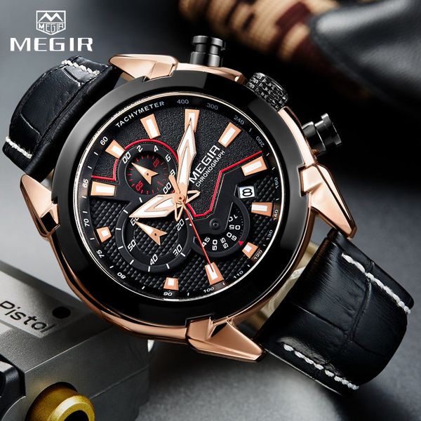 

2020 new calendar fashion men's sports chronograph waterproof megir strap watch quartz watch men's casual shockproof leather hlxeo, Slivery;brown