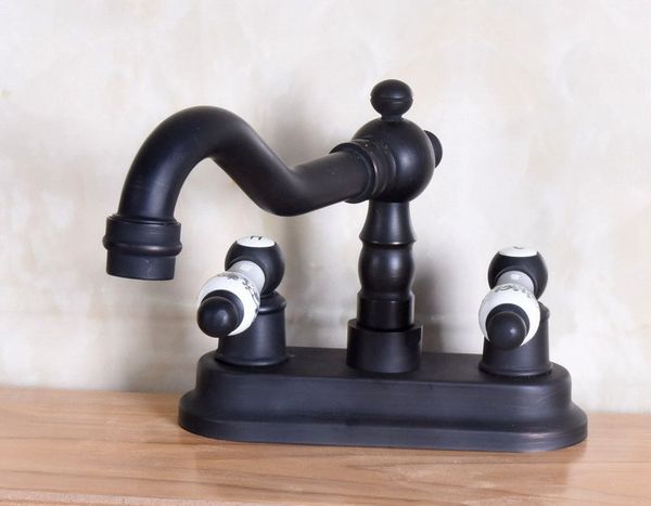 

black oil rubbed bronze 4 "centerset 2 hole deck mount dual ceramics handles bathroom faucet swivel spout sink mixer taps wnf158