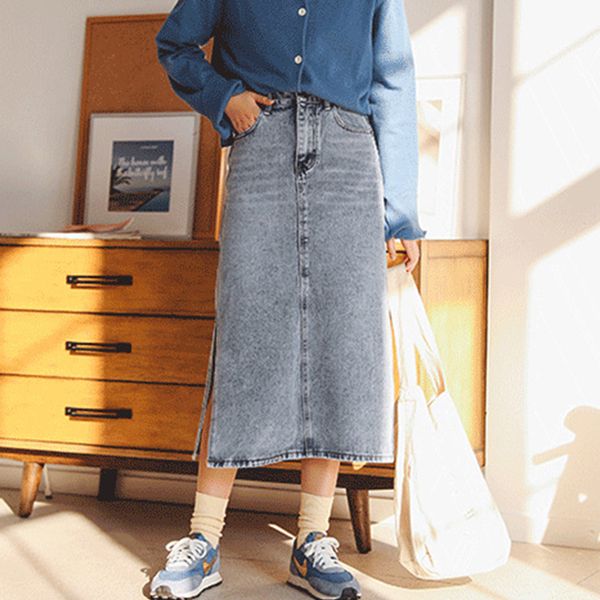 

2020 women's long denim skirt vintage high wasit blue jeans skirt with sashes streetwear oversized straight female pencil, Black