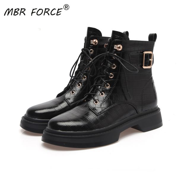 

mbr force fashion autumn winter cowhide comfort ankle boots lace up round toe thick bottom shoes for ladies woman, Black
