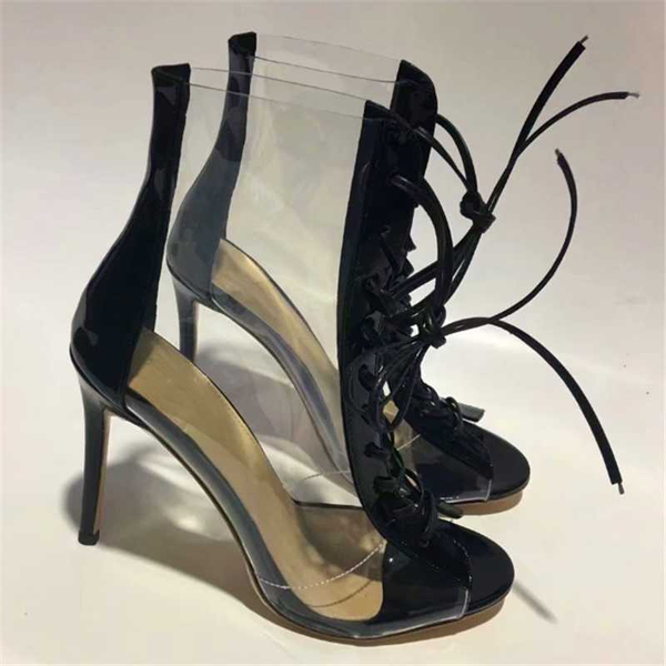 

runway designer transparent strap stiletto short boots round toe versatile fashion casual hollow open-toed roman women's shoes, Black