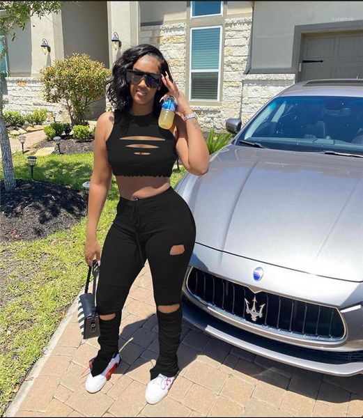 

two piece pants crew neck fashion female clothing 2pcs sets womens hollow out tracksuits solid color ladies, White