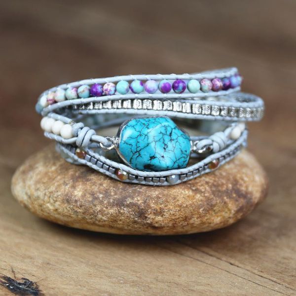 

women diy handmade jewelry 5 strand mix beads string braided bracelet natural amazonite stone bohemia leather wrap, Black