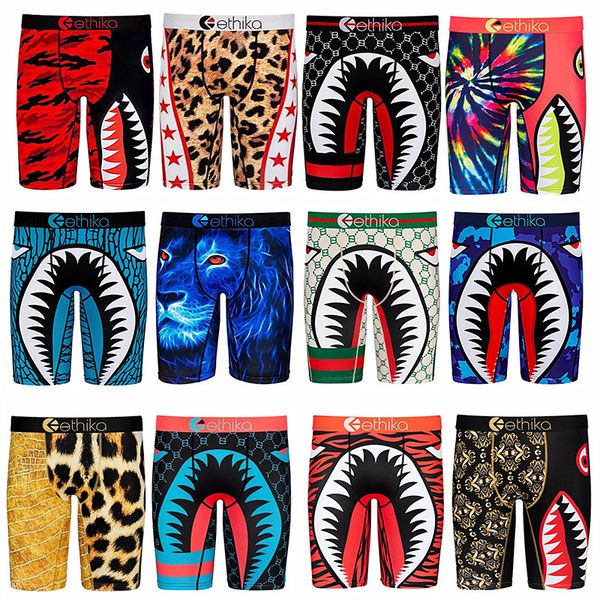 

fashion men swim shorts shark leopard printing boxer sport technical underwear quick dry briefs boxers shorts men casual beach swimwear, Black