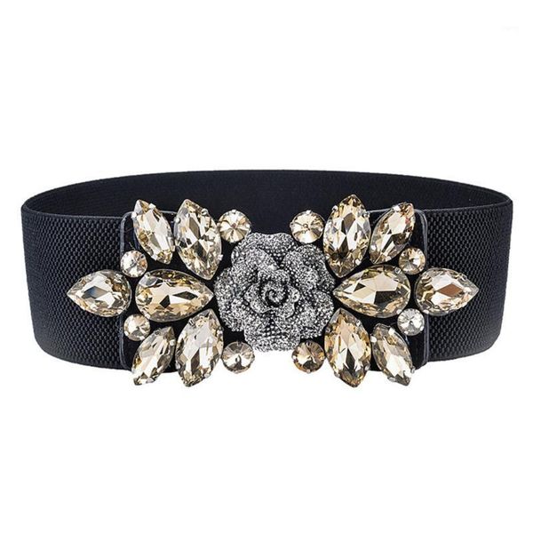 

fashion floral womens elastic waist cinch belt band for dress with crystal buckle (tawny)for gift1, Black;brown