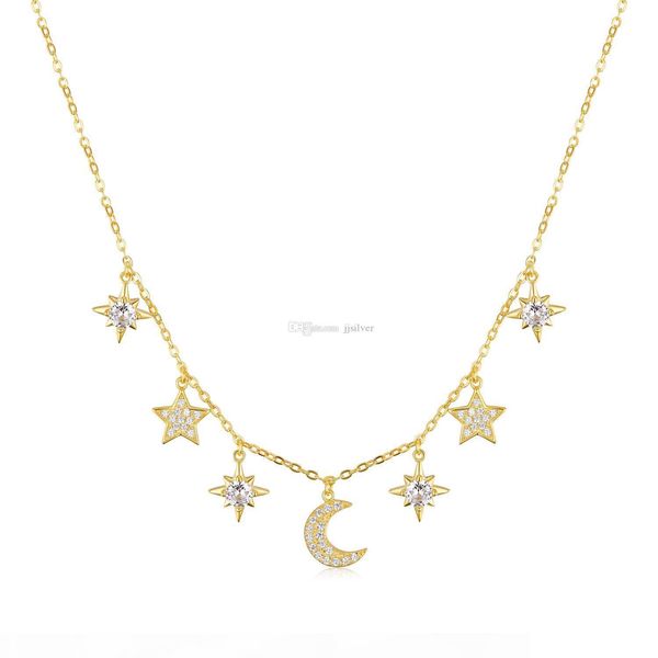 

new fashion drop star and moon choker necklace gold star moon necklace 925 sterling silver for women collar collier ras du cou, Golden;silver