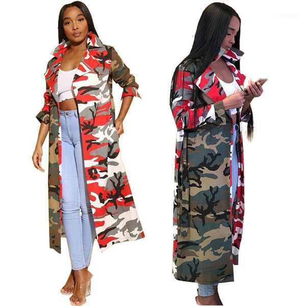 

long coats with sashes street style women outerwear camouflage women trench coats fashion contrast color lapel neck, Tan;black