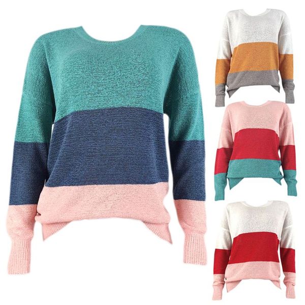 

women long sleeves knit sweater drop shoulder loose pullover tunic color block wide stripes o-neck jumpers, White;black