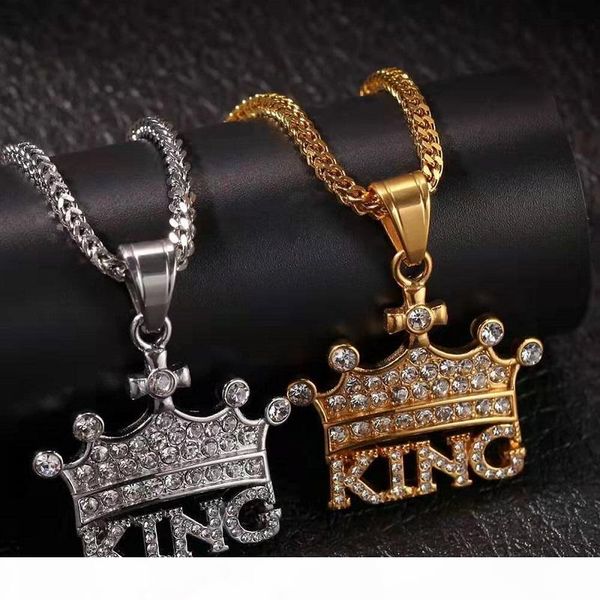 

iced out crown king pendant necklaces for men luxury designer mens bling diamond letter pendants stainless steel cuban link chain necklace, Silver