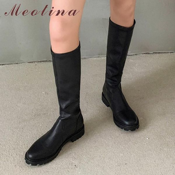 

meotina riding boots women shoes real leather platform mid heel knee high boots block heels stretch long autumn winter, Black