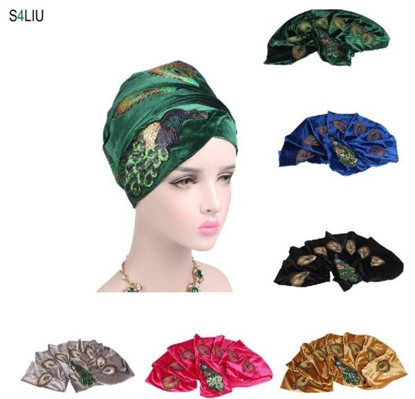 

arab women ramadan long tail caps muslim africa hat scarf turban hats headwrap elegant sequins peacock embroidery velvet new, Blue;gray