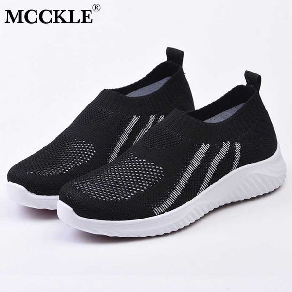 

mcckle women's sock shoes flats breathable mesh platform sneakers women slip on soft ladies casual woman knit 2020 new shoes, Black