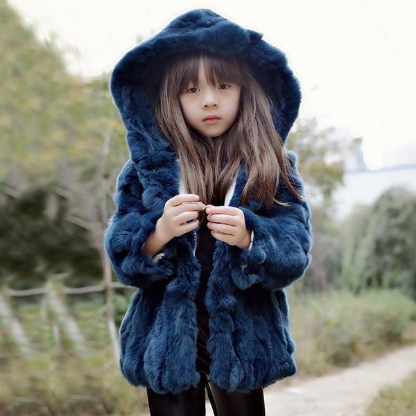 

2020 new winter kids girls soft real fur jacket coat children girls thick warm hooded genuine fur overcoat clothes w200, Blue;gray