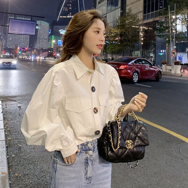 

women 2020 spring autumn new turn-down collar blouses female fashion puff sleeve solid color shirts ladies loose casual x96, White