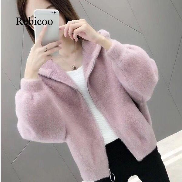 

women's fur & faux women short solid coat hooded fluffy jacket, Black