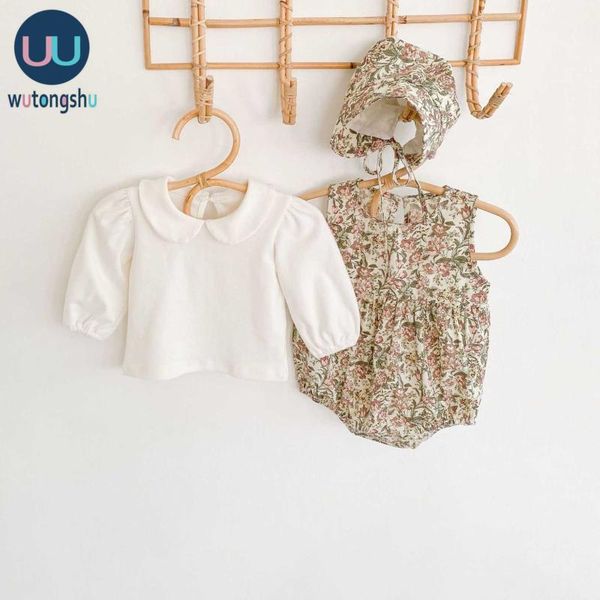 

cute baby girl clothes set autumn and winter long sleeve baby shirt soft cotton floral pattern 0-24m newborn romper+hat, White
