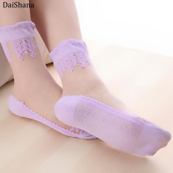 

daishana summer ladies lace embroidery silk transparent glass crytal stretch women socks breathable socks selling 1 pair, Black;white