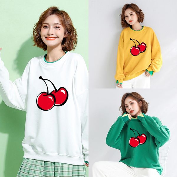 

2020 women's autumn fashion large size female student long sleeve round neck cherry printed sweater fake two-piece sweater women's, Black