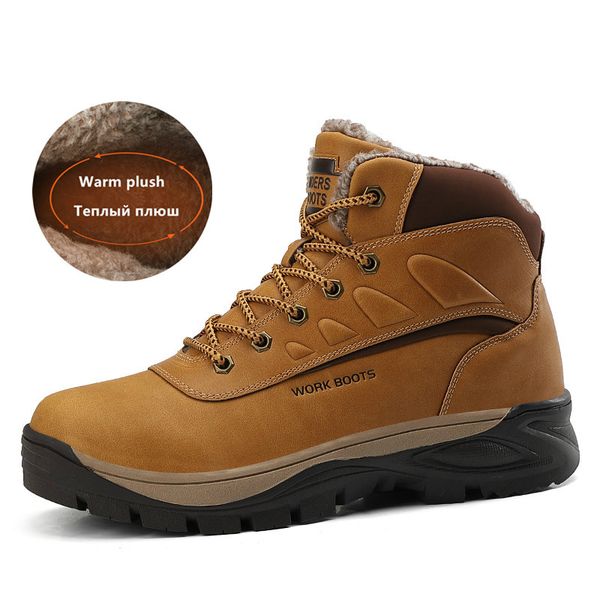 

boots non-slip 2021 winter leather men plush warm snow outdoor hiking shoes sneakers size 40-47, Black