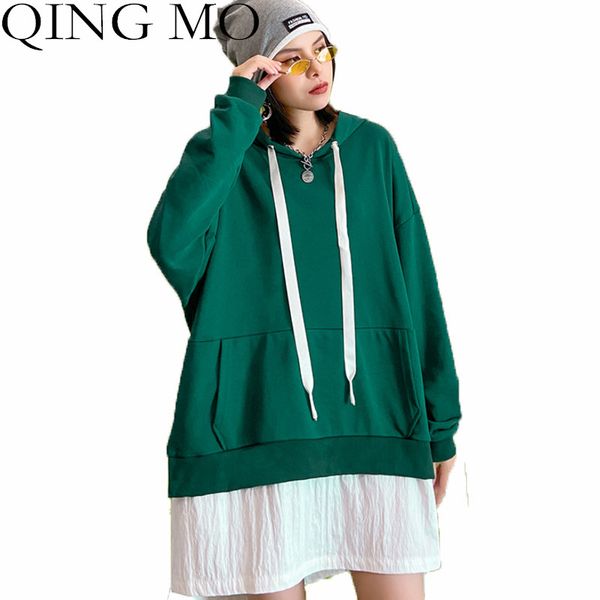 

qing mo women hooded sweatshirt 2020 autumn plus size stitching contrast letter print coat casual pullovers sweatshirt lhxx124, Black